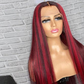 Black Wig With Red Streak Highlights Transparent Lace Front Wigs Human Hair | SULMY.